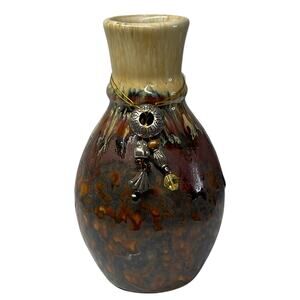 VTG Ceramic Pottery 4.5" Cream & Brown Drip Glaze Bud Vase w/ Beaded Charm